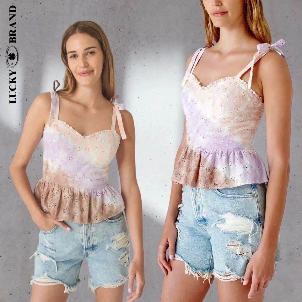 LUCKY BRAND Sweetheart Neck Shoulder Ties Cotton Eyelet Tie-Dyed Corset Top NWT